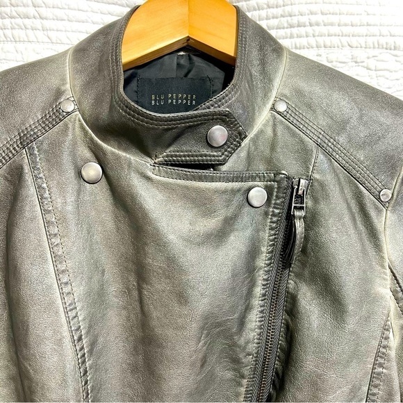 BLU PEPPER Moto Faux Leather Jacket Grey, Size Small - Picture 3 of 16
